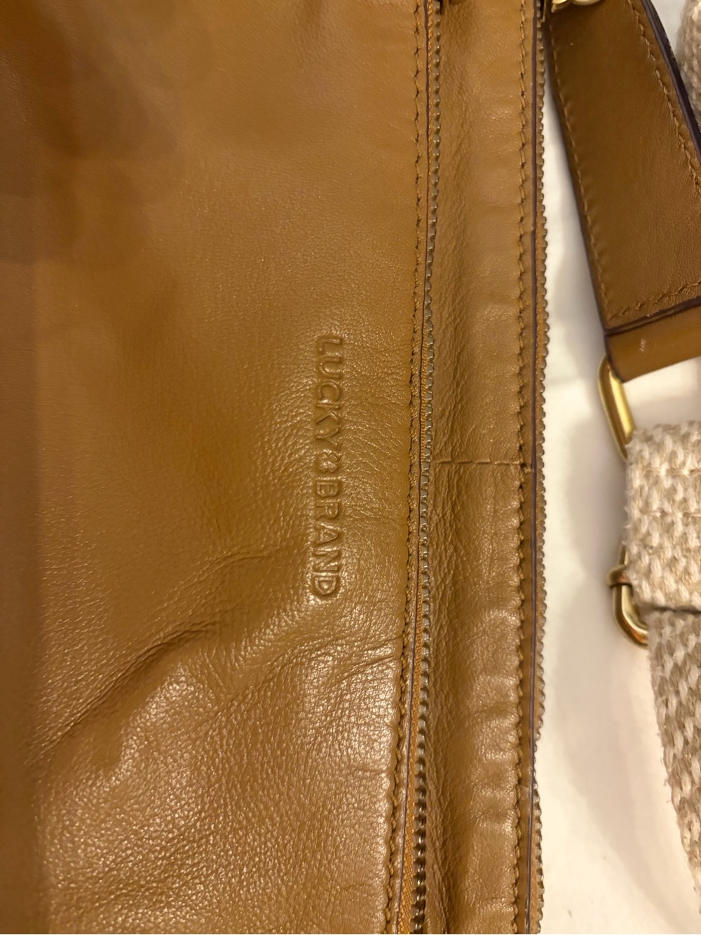 Lucky Brand Camel Tan Leather Crossbody with Woven Cream Strap - Picture 2 of 4